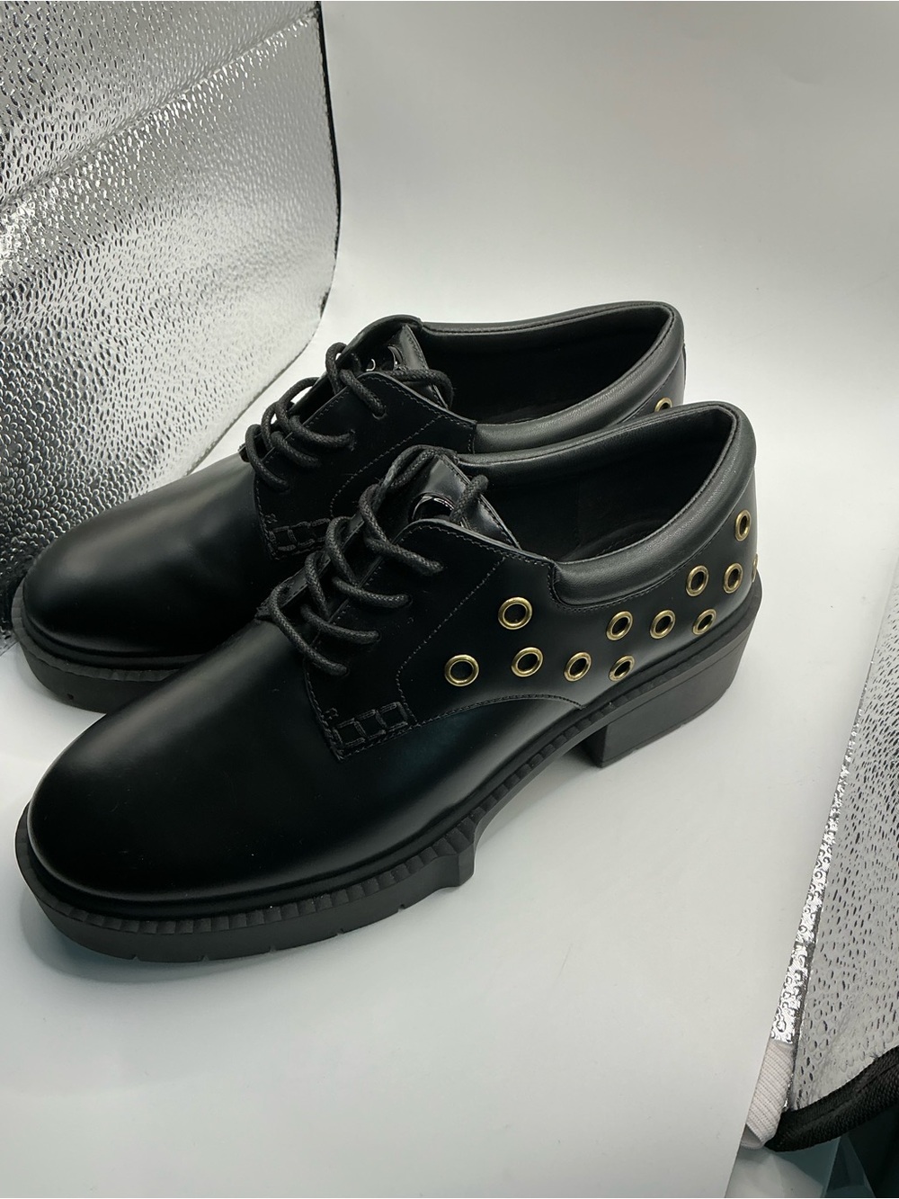 Coach Black Leather Lug Sole Loafers with Gold Eyelet Detail - Picture 7 of 9